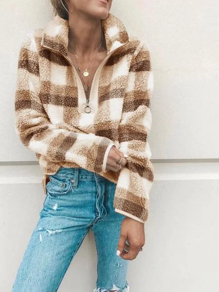 Band Collar Zipper Gingham Plaid Sweater/Sweatshirt