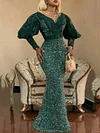 Elegant V-Neck Puff Sleeve Sequined Green Slim Maxi Dress