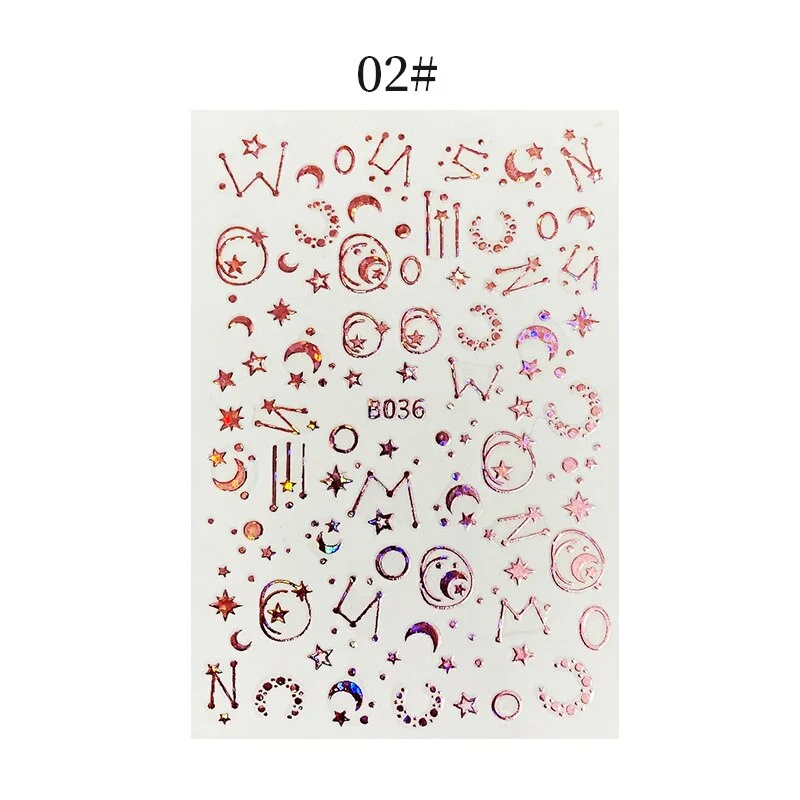 English Letter Design 3D Nail Stickers Iridescent Geometrics Gold Stars Moon Transfer Nail Art Sliders Decoration Accessories-Nail Inspo