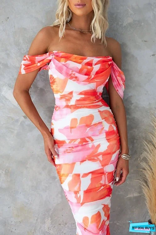 Off Shoulder Back Slit Ruched Print Maxi Dress