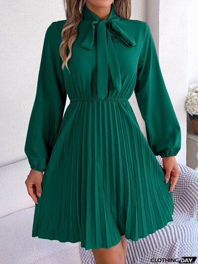 Tie Neck Balloon Sleeve Pleated Dress