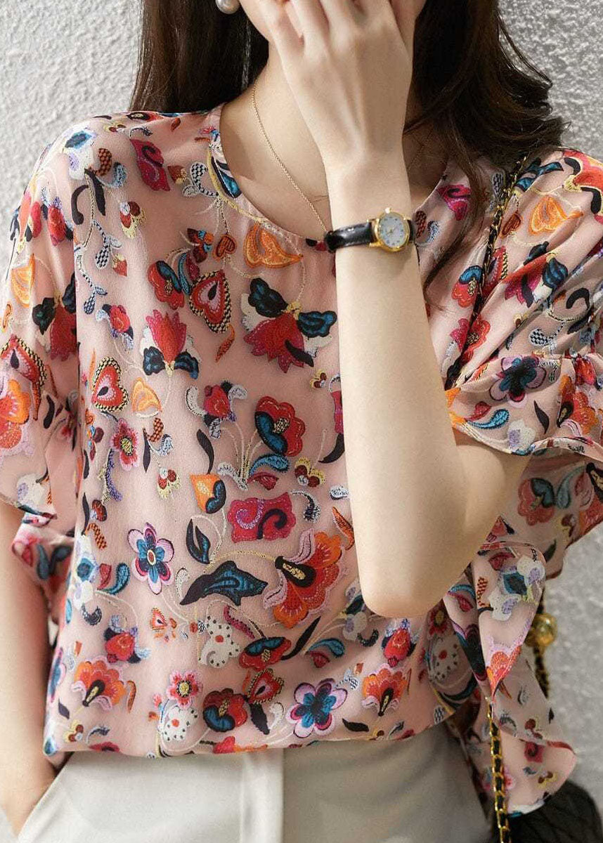 VCSHOES Pink Ruffled Print Patchwork Silk Top Summer