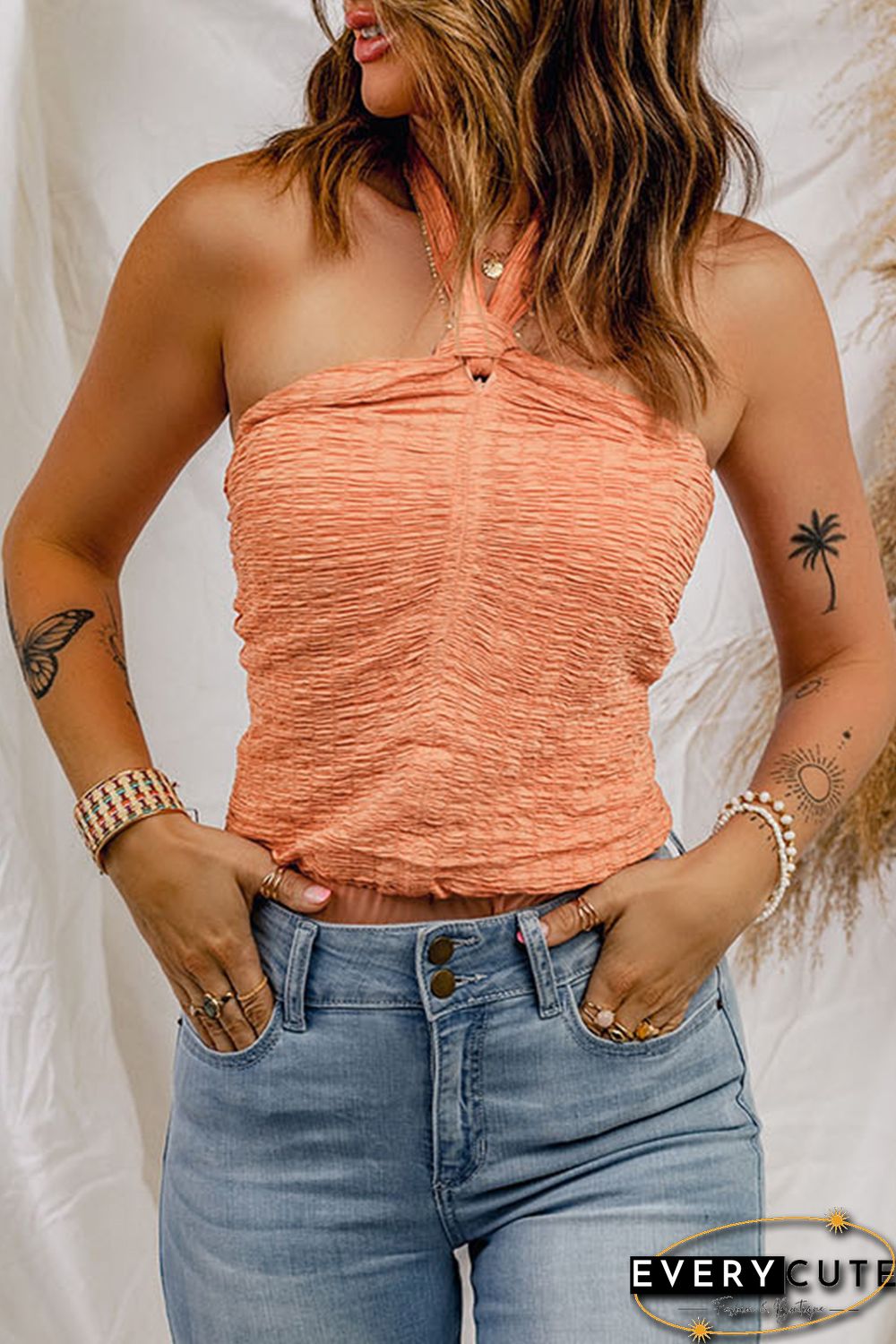 Orange Shirred Open Back Halter Tank Top