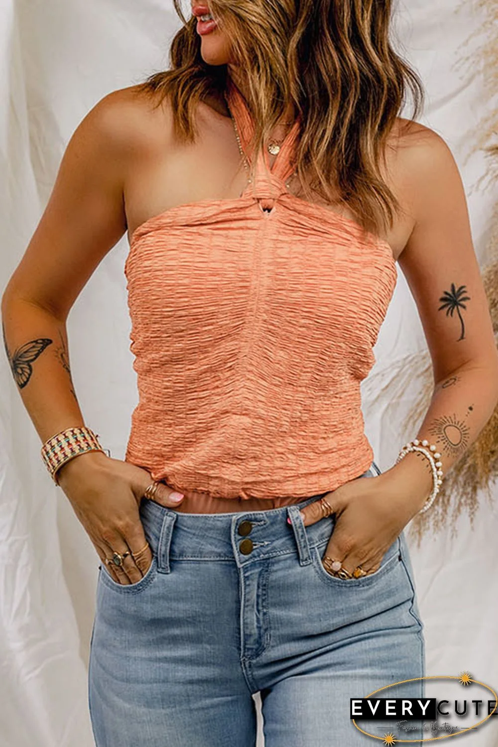 Orange Shirred Open Back Halter Tank Top
