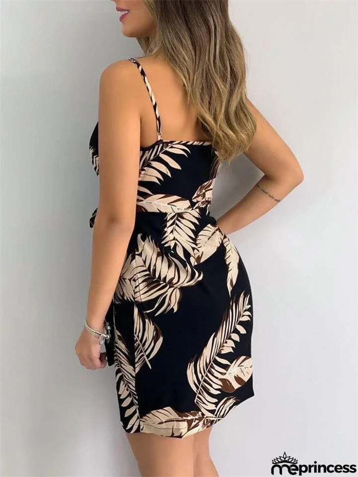 Sexy Pretty Spaghetti Strap Wrap Design Floral Print Side Tie Fastening Dress