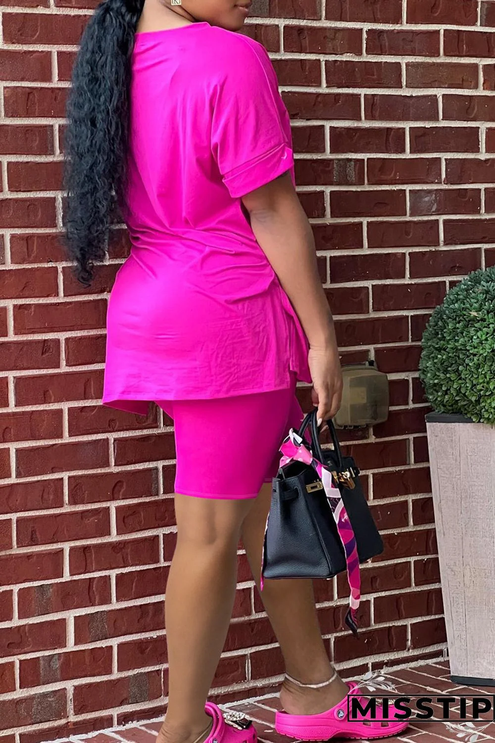 Rose Red Fashion Casual Solid Slit V Neck Short Sleeve Two Pieces