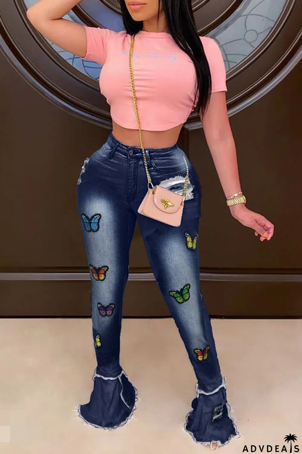 Deep Blue Casual Butterfly Print Patchwork Boot Cut Denim Jeans