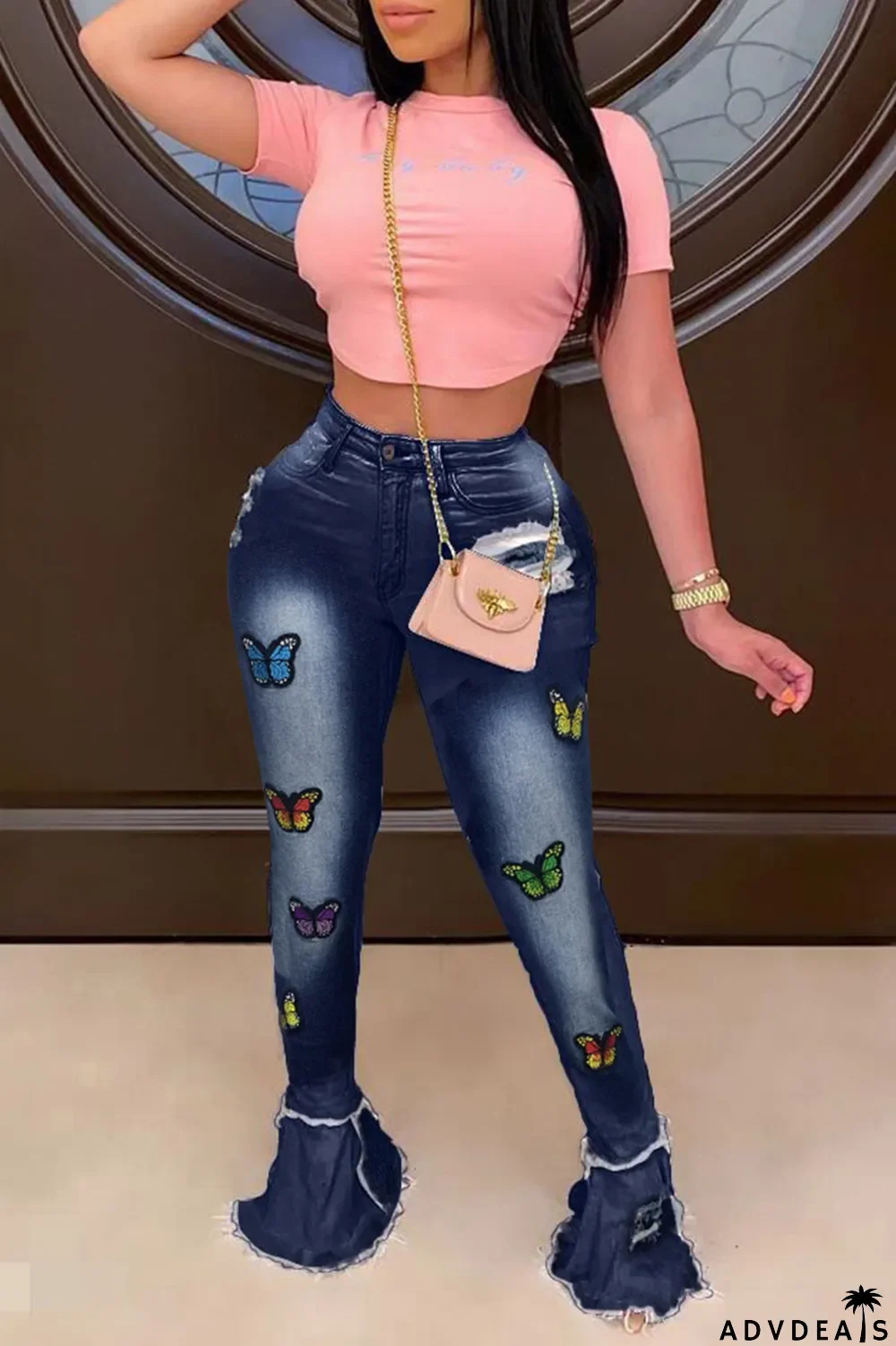 Deep Blue Casual Butterfly Print Patchwork Boot Cut Denim Jeans