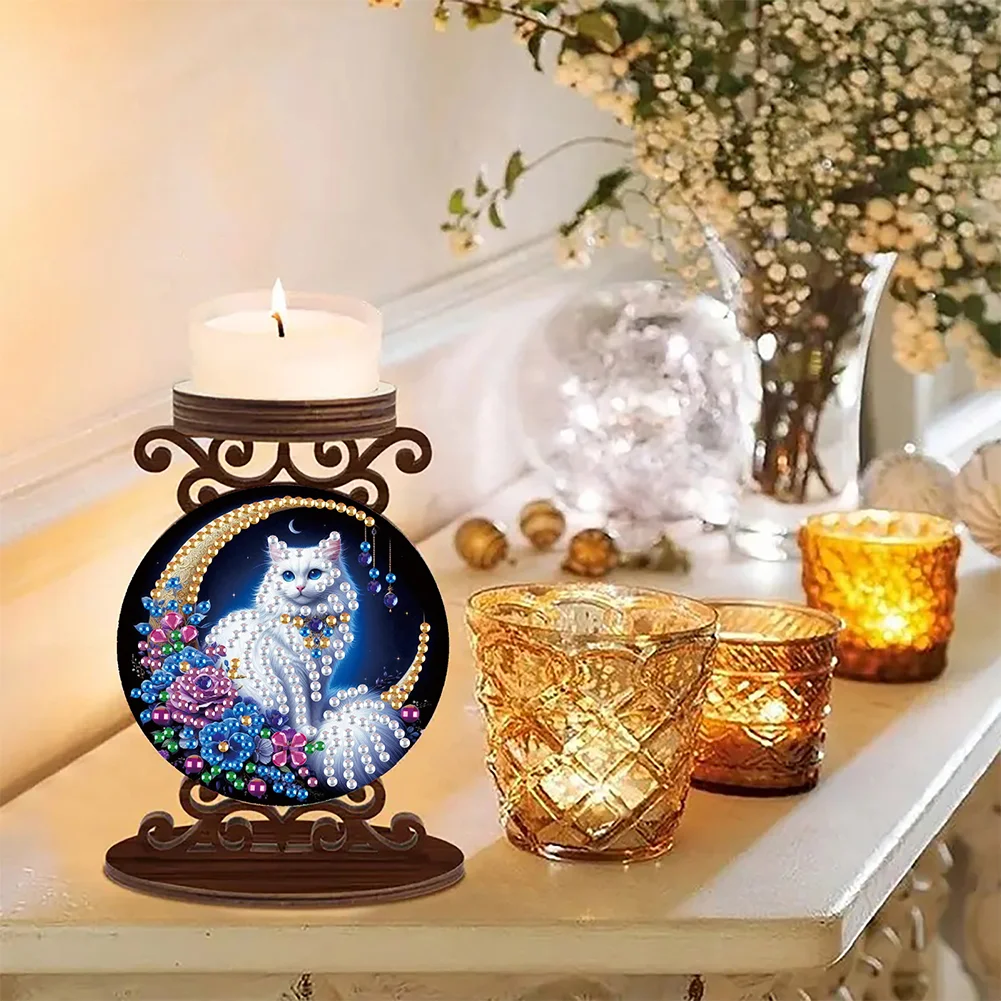 Wooden Diamond Painting Candle Holder Rhinestone Candlestick Decor (Cat)