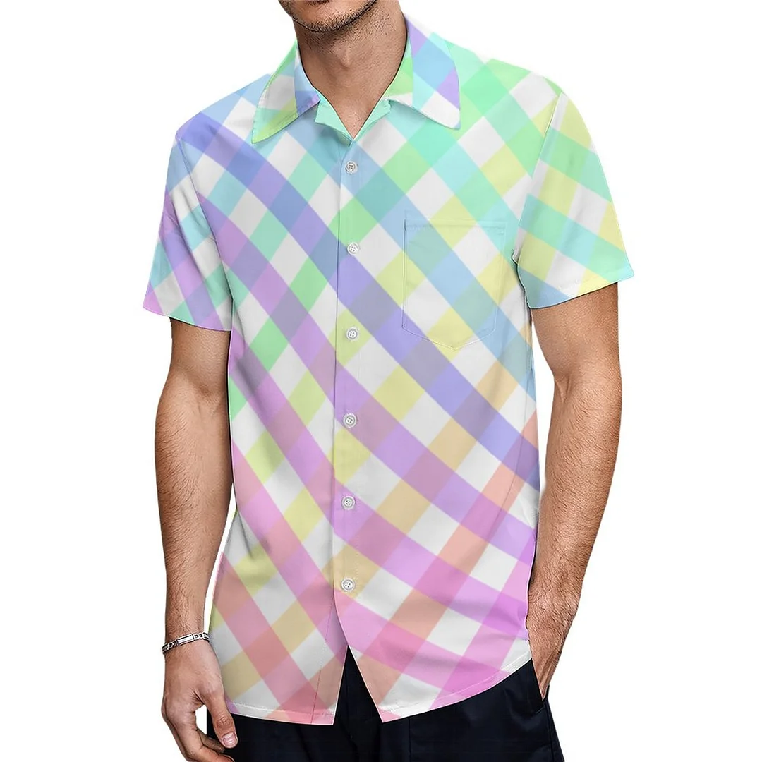 Short Sleeve Pastel Rainbow Plaid Ombre Check Hawaiian Shirt Mens Button Down Plus Size Tropical Hawaii Beach Shirts
