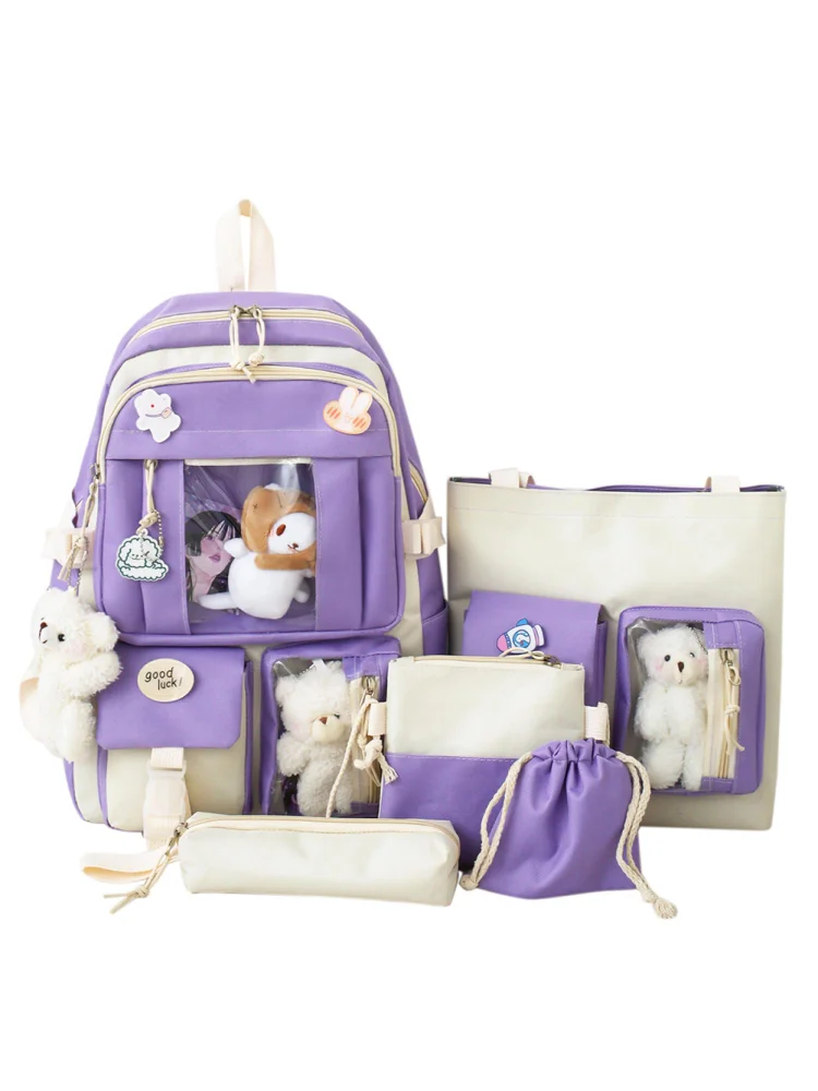 5pcs/set Canvas School Backpacks Women Kawaii Student Schoolbags (Purple)