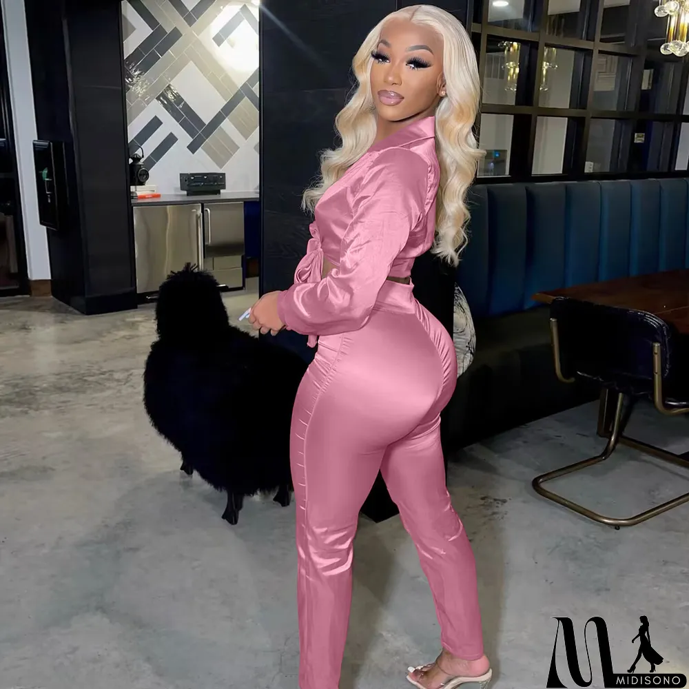 MidiSono - Sexy V-neck Lace-up Slim Two-piece Suit