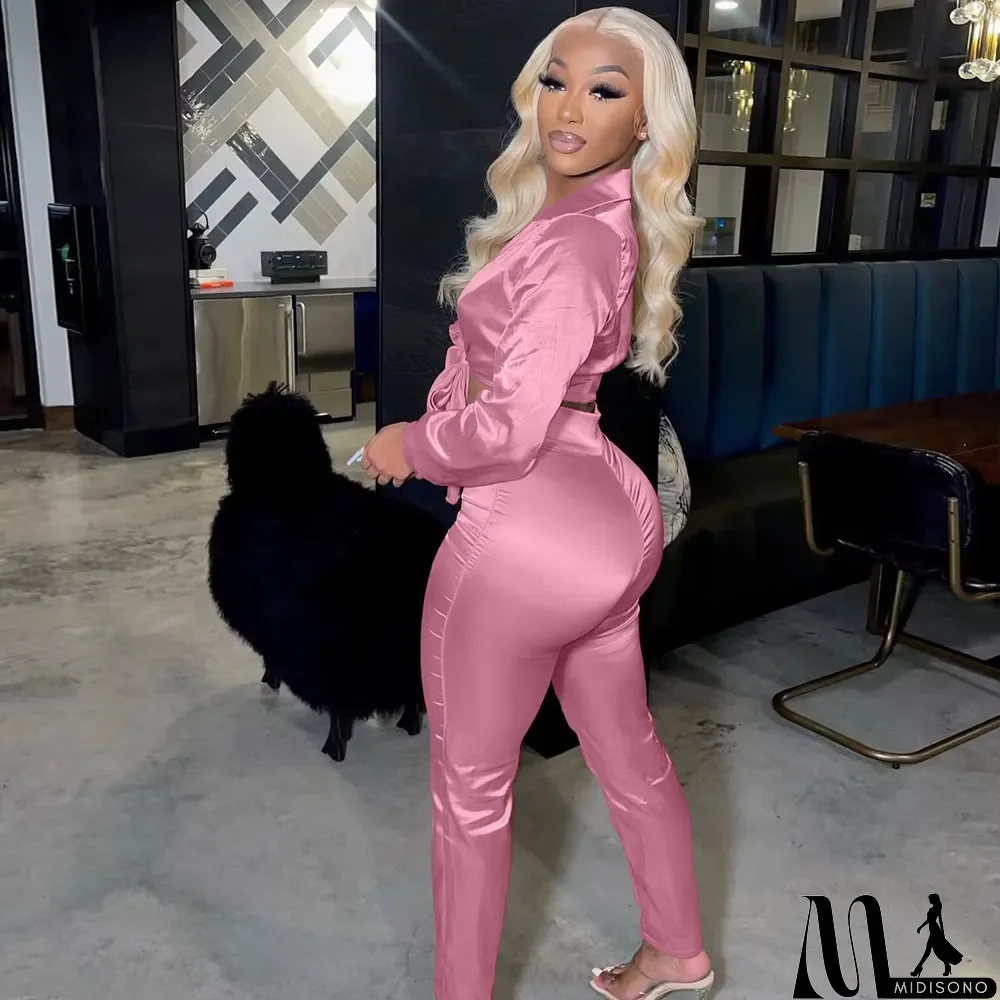 MidiSono - Sexy V-neck Lace-up Slim Two-piece Suit