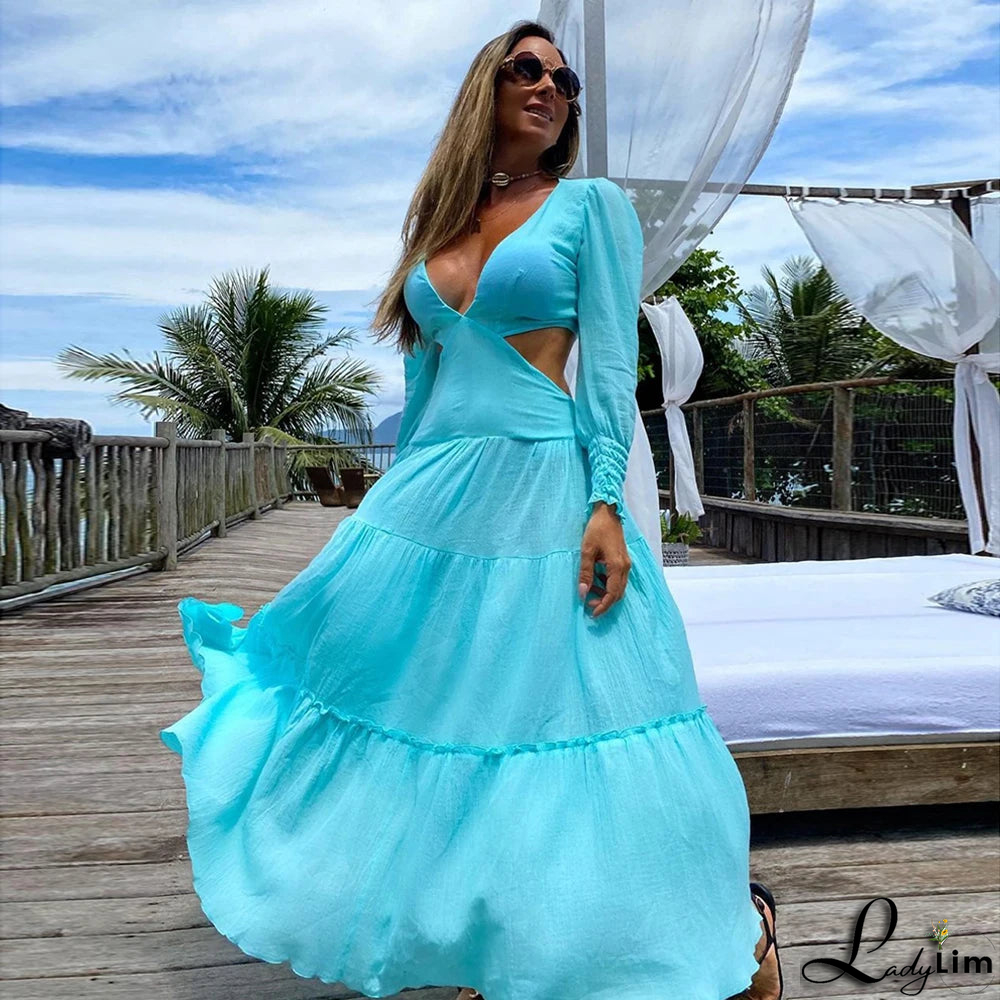 Women's V-Neck Long Sleeves Solid Pattern Luxury Beach Cover Up