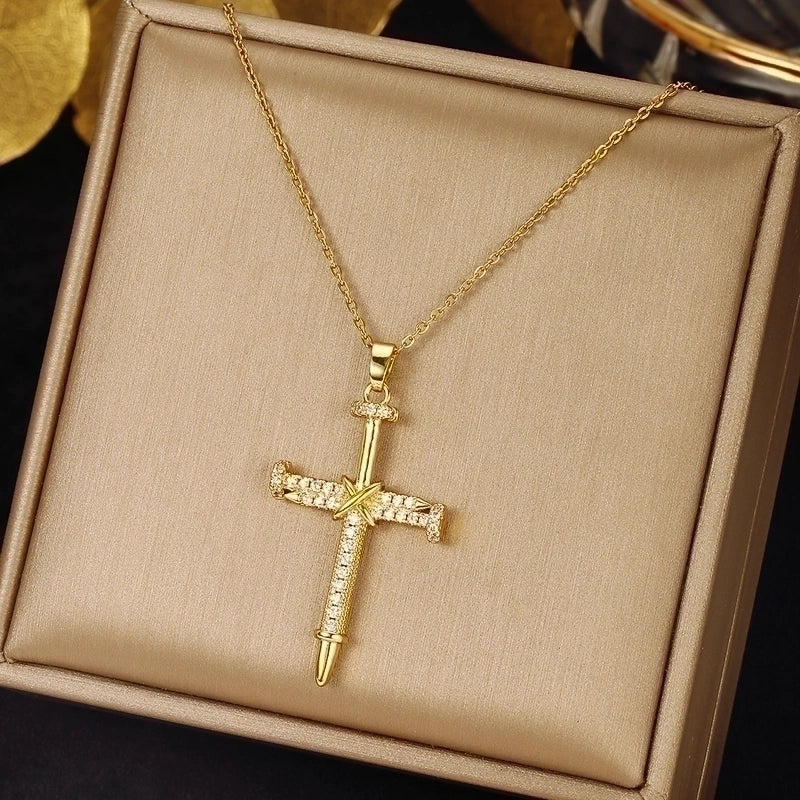 2 Pieces Ethnic Style Cross Stainless Steel Inlay Zircon Pendant Necklace