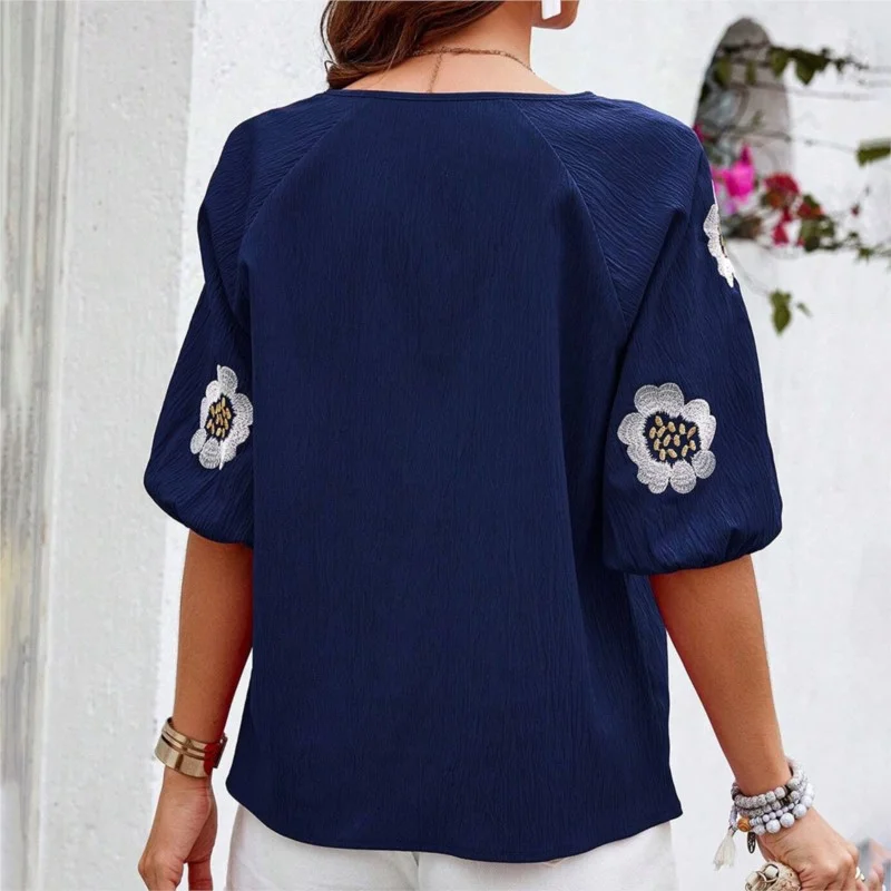 Women's Vintage Boho Design Loose V-Neck Half Sleeve Blouses Shirt