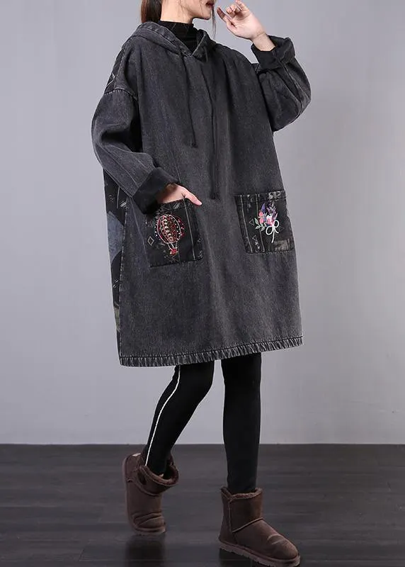 diy denim black embroidery Plus Size casual coats women hooded patchwork jackets