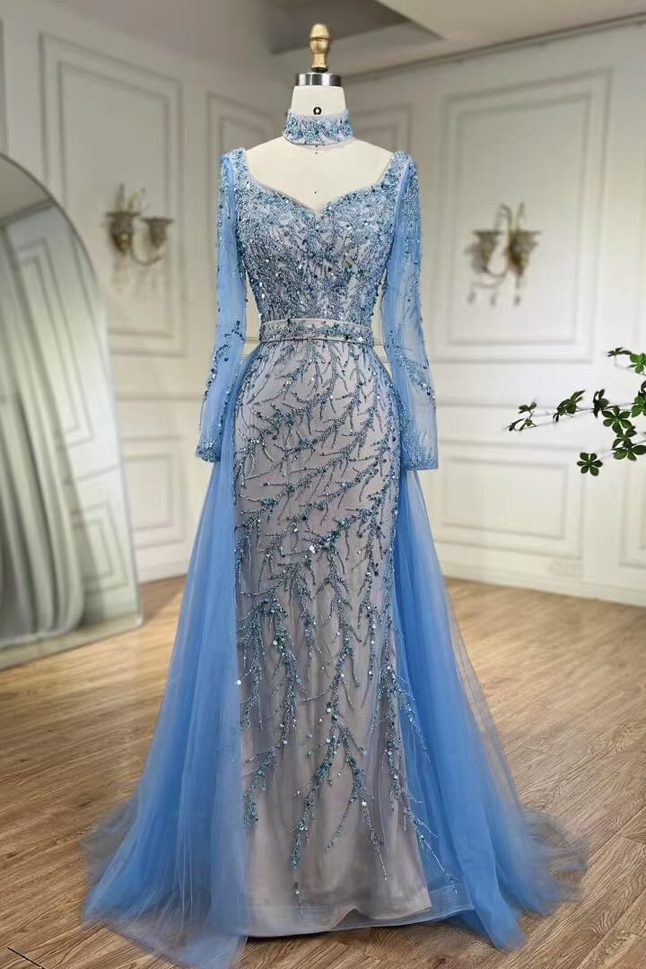Bellasprom Blue High Neck Long Sleeves Sweetheart Mermaid Prom Dress With Beadings Detachable Skirt Bellasprom