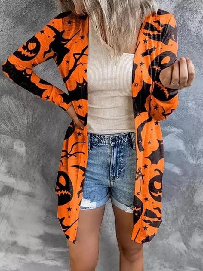 Women's Halloween Pumpkin Print Versatile Cardigan