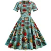 Wedding Guest Dress V-neck Print Slim High Waist Vintage Swing Dress