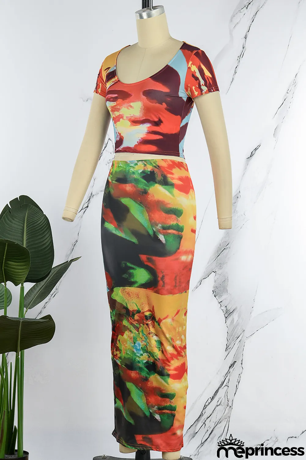 Colour Sexy Print Basic O Neck Short Sleeve Two Pieces