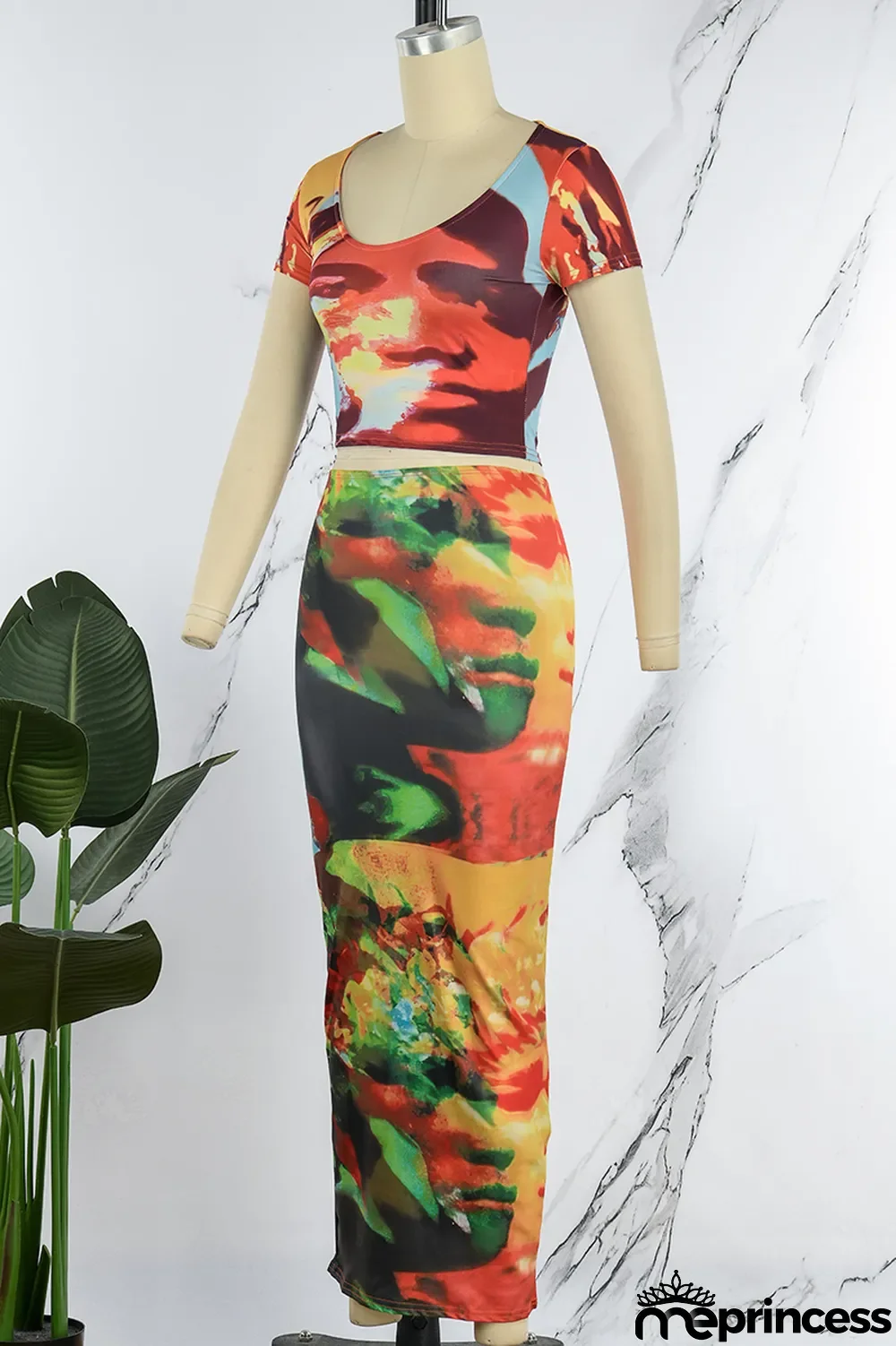 Colour Sexy Print Basic O Neck Short Sleeve Two Pieces