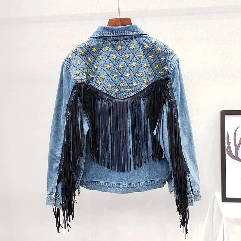 Denim Women Jacket 2021 Autumn New Spring Vintage Star Rivet Suede Fringe Loose Coat Long Sleeve Outerwear Female Boho Jacket
