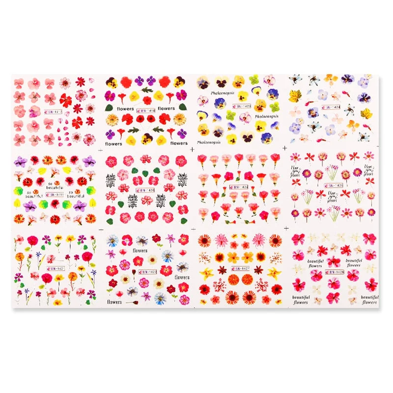 12Pcs Leaves Flowers Design Water Decals Stickers For for Nails Inscriptions Nail Art Decoration Tips-Nail Inspo