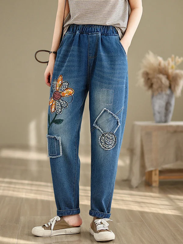 Women's loose Casual Vintage Patch Embroidered Oversized Jeans Pants