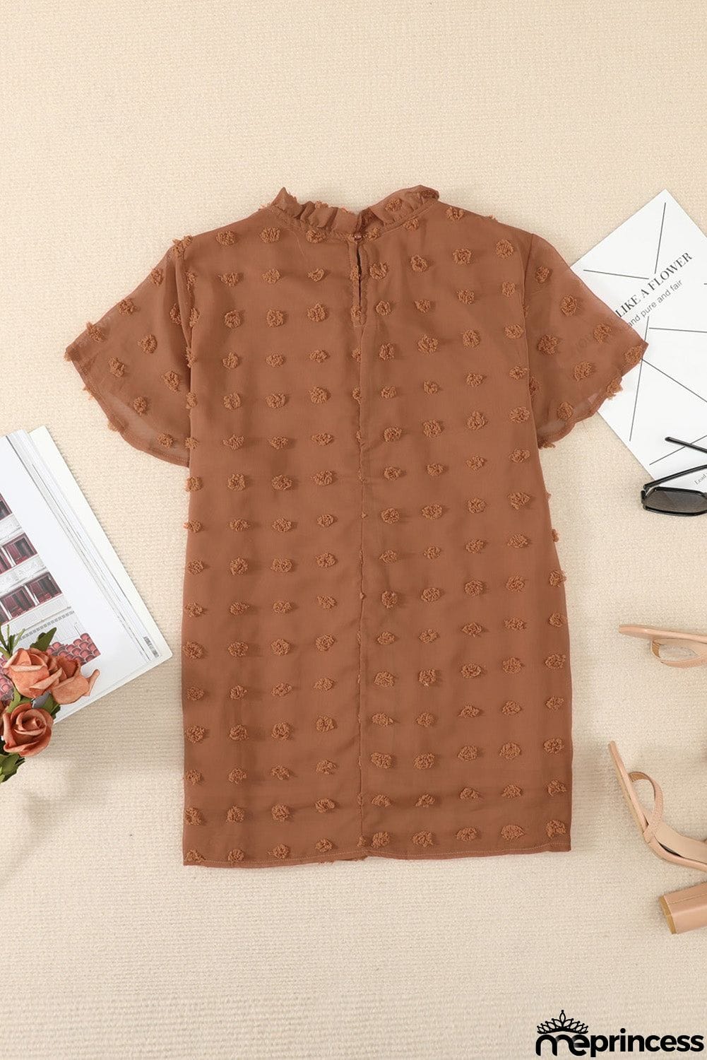Brown Short Ruffled Sleeve Swiss Dot Blouse