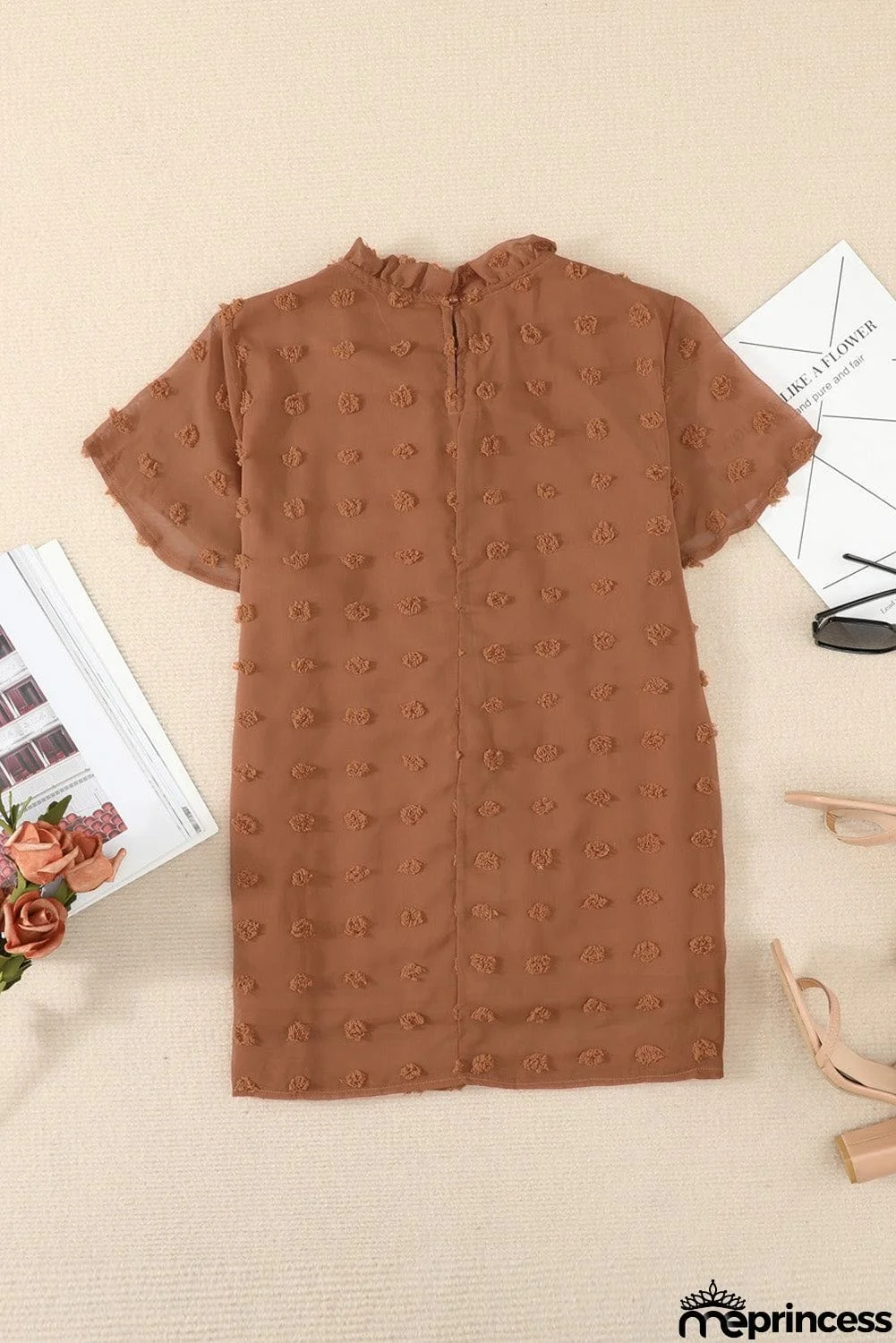 Brown Short Ruffled Sleeve Swiss Dot Blouse
