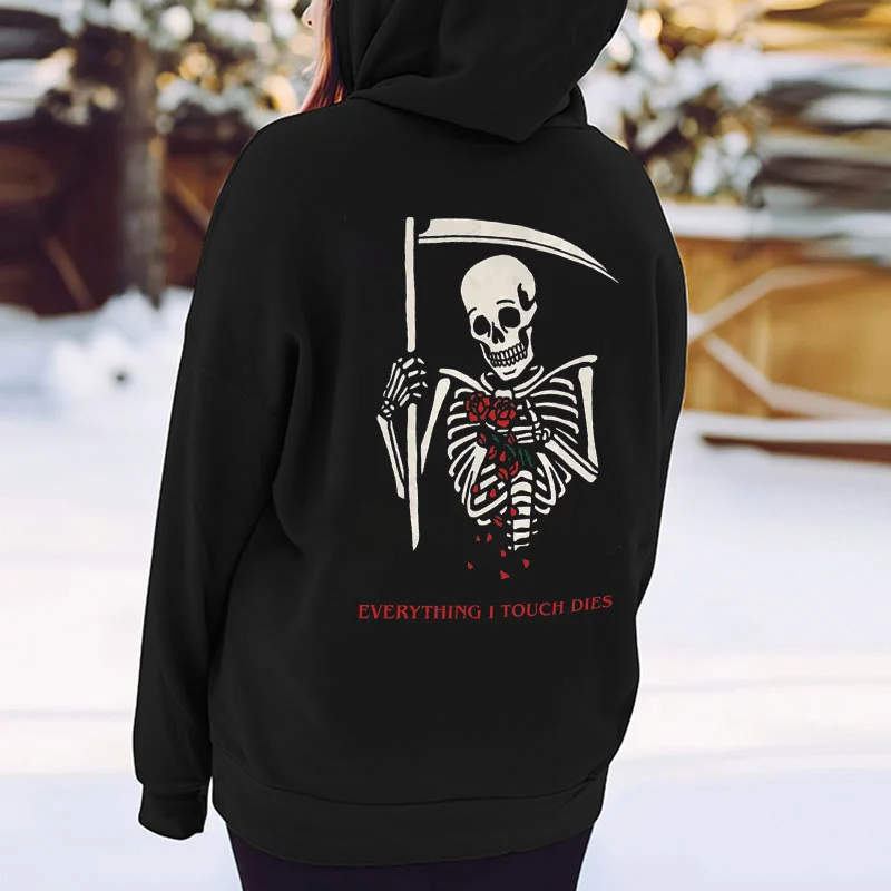 EVERYTHING I TOUCH DIES Skull Graphic  Black Print Hoodie