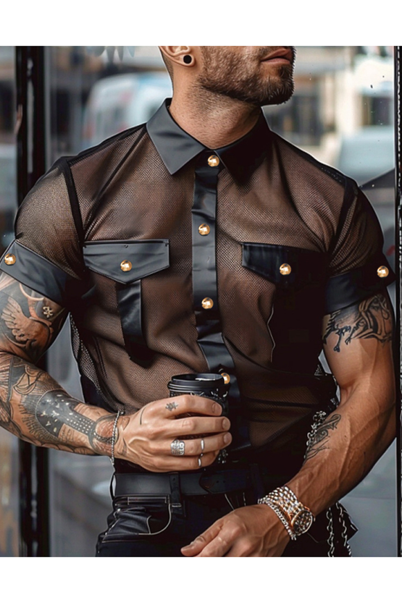 Ciciful Men's Mesh PU Leather Patchwork See-Through Shirt