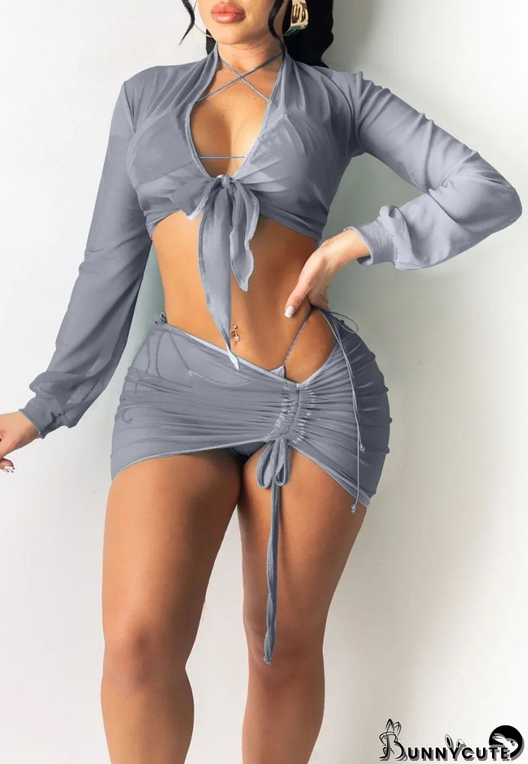 Summer Grey Sexy 2 Piece Crop Top and Skirt Cover-Up et