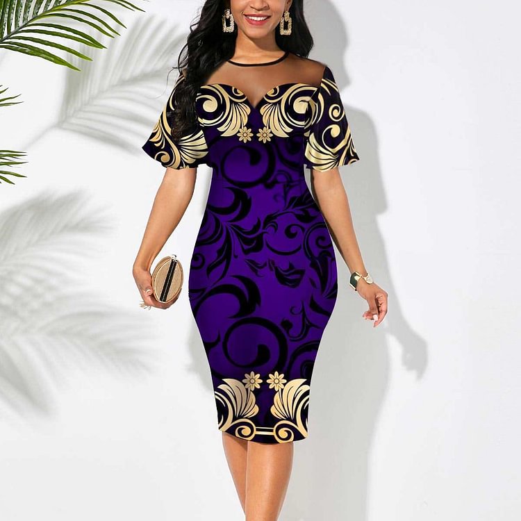 Elegant Mesh Patchwork Purple Print Party DressFor Women 2022 Summer Short Sleeve Evening Club Bodycon Dresses Female Outfits - Life is Beautiful for You - SheChoic