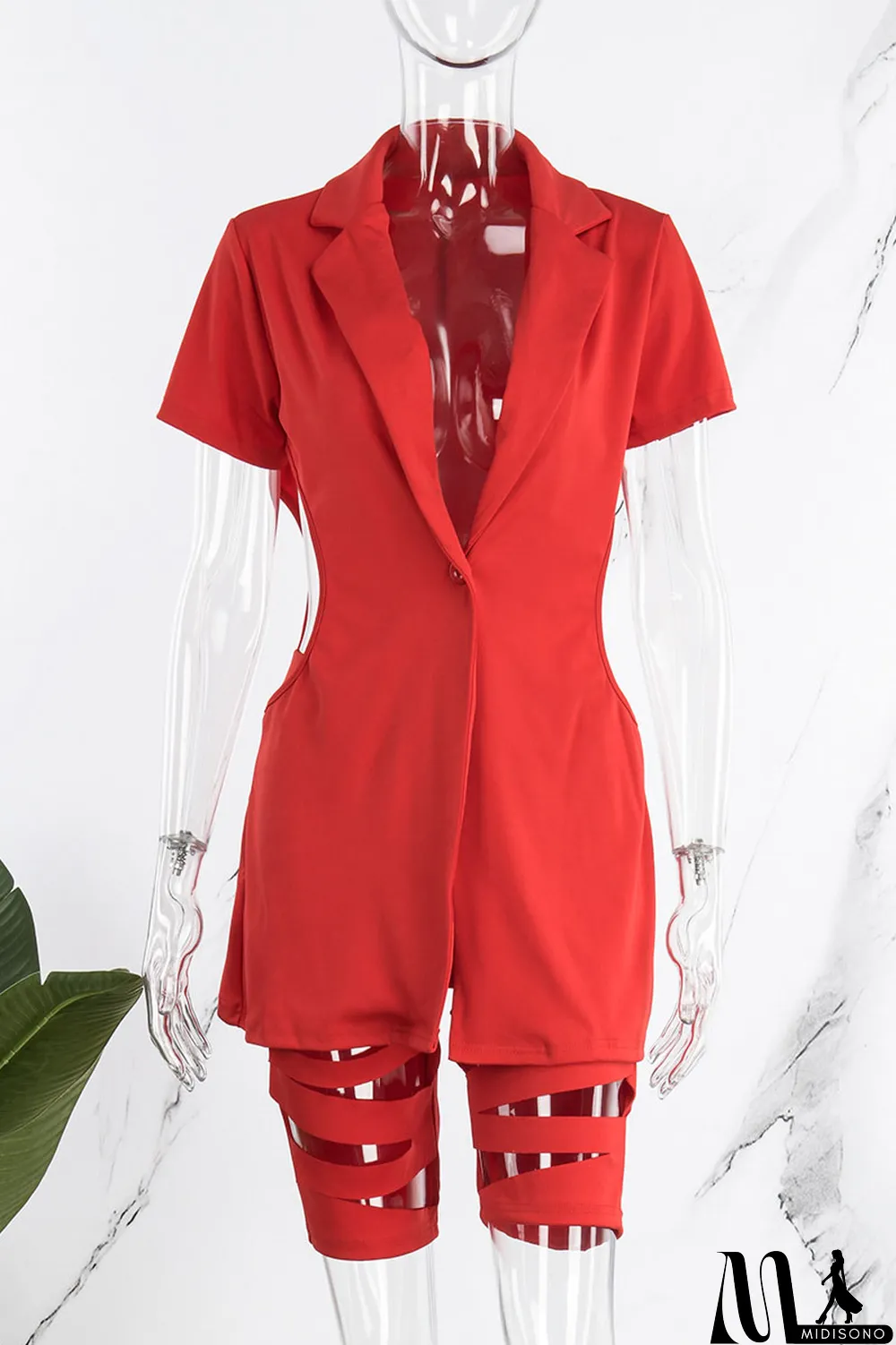 MidiSono - Red Street Print Hollowed Out Patchwork Buttons Turn-back Collar Short Sleeve Two Pieces