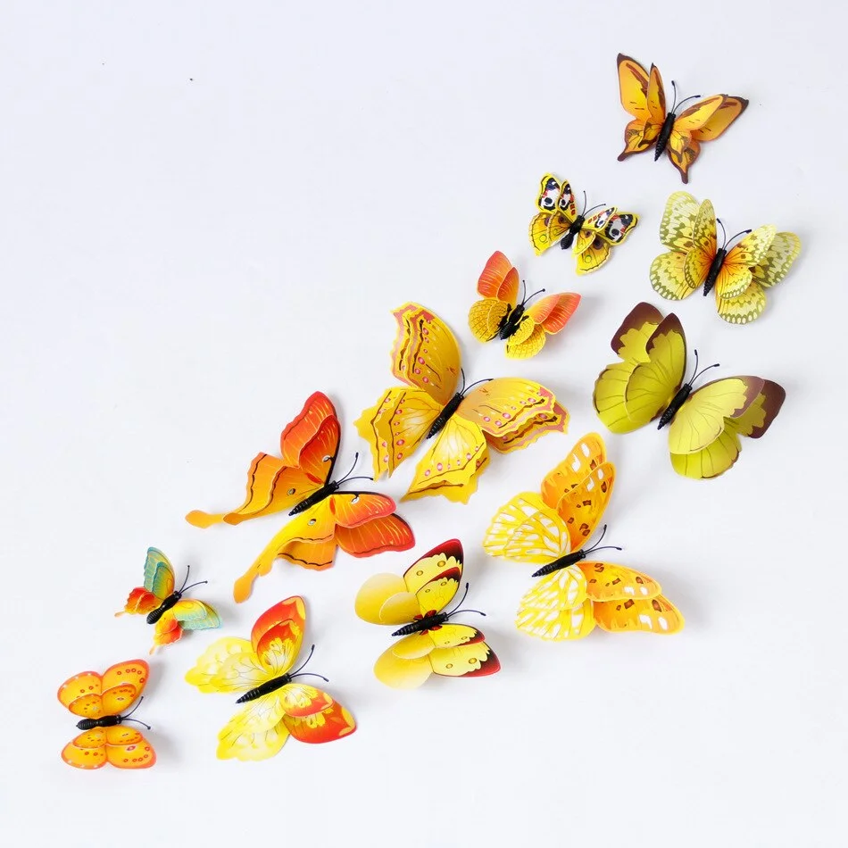 New style 12Pcs Double layer 3D Butterfly Wall Sticker on the wall Home Decor Butterflies for decoration Magnet Fridge stickers