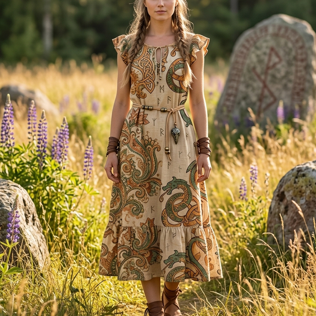 Cotton Linen Viking-Inspired Boho Maxi Dress with Nordic Symbols and Fringed Hem