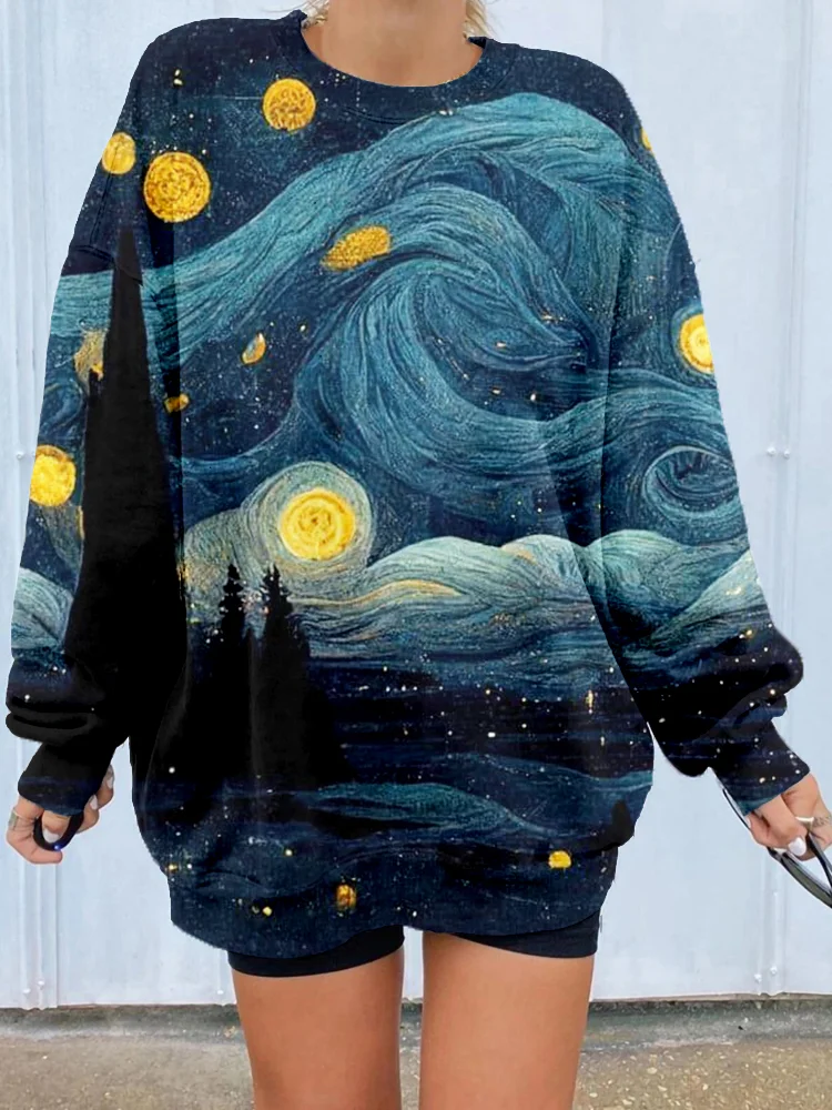 Starry Night Inspired Art Crew Neck Cozy Sweatshirt