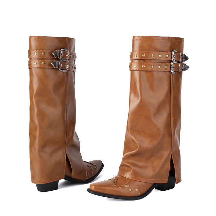 GOOSHOE Big Size 48 Women Belt Buckles Knee High Boots Cowboy Overlay Long Booties Ladies Western Style Chunky Heels Pants Shoes