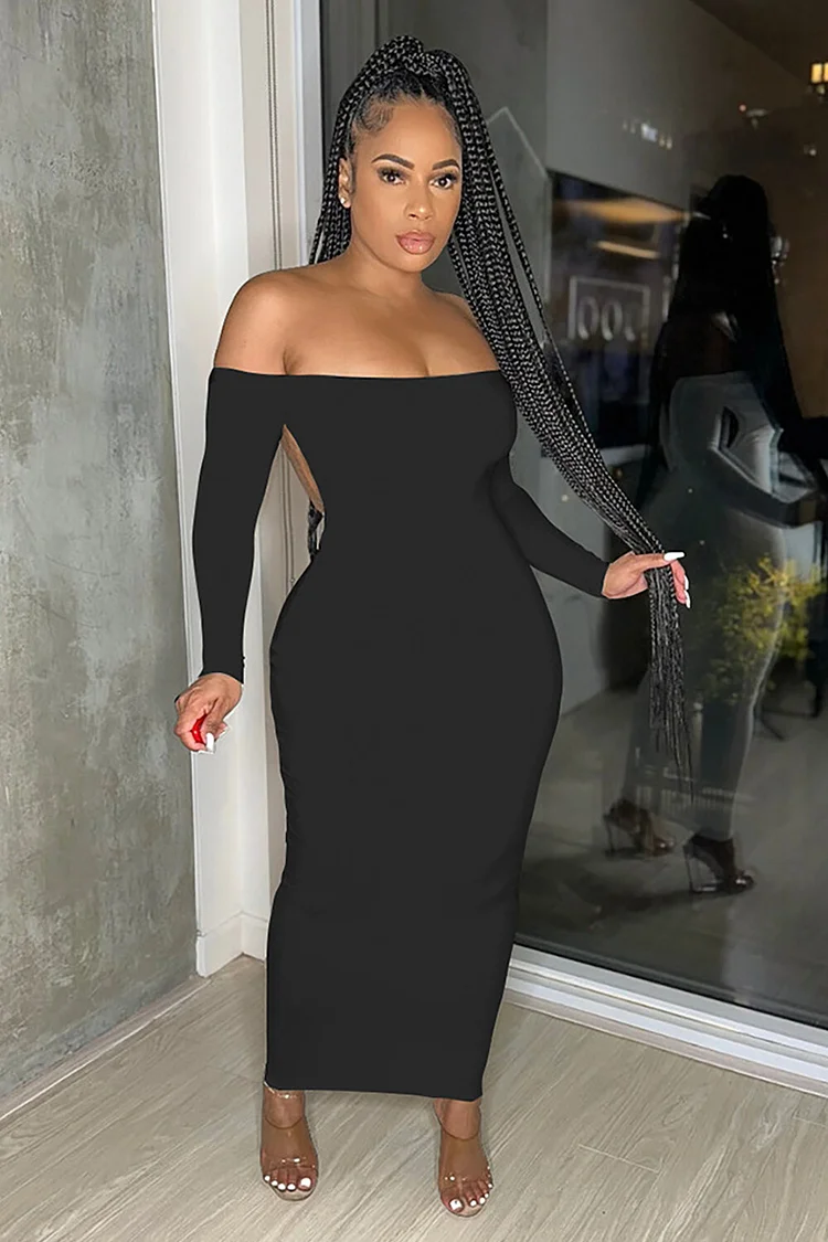 Off Shoulder Long Sleeve Open Back Solid Color Fitted Maxi Dresses-Black