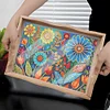 (35*24.5cm)Wooden Cartoon Flower Diamond Decorative Serving Tray with Handle for Home Decor