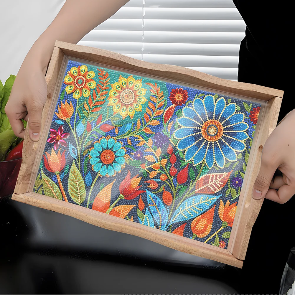 DIY Cartoon Flower Wooden Diamond Painting Serving Tray with Handle for Home Decor
