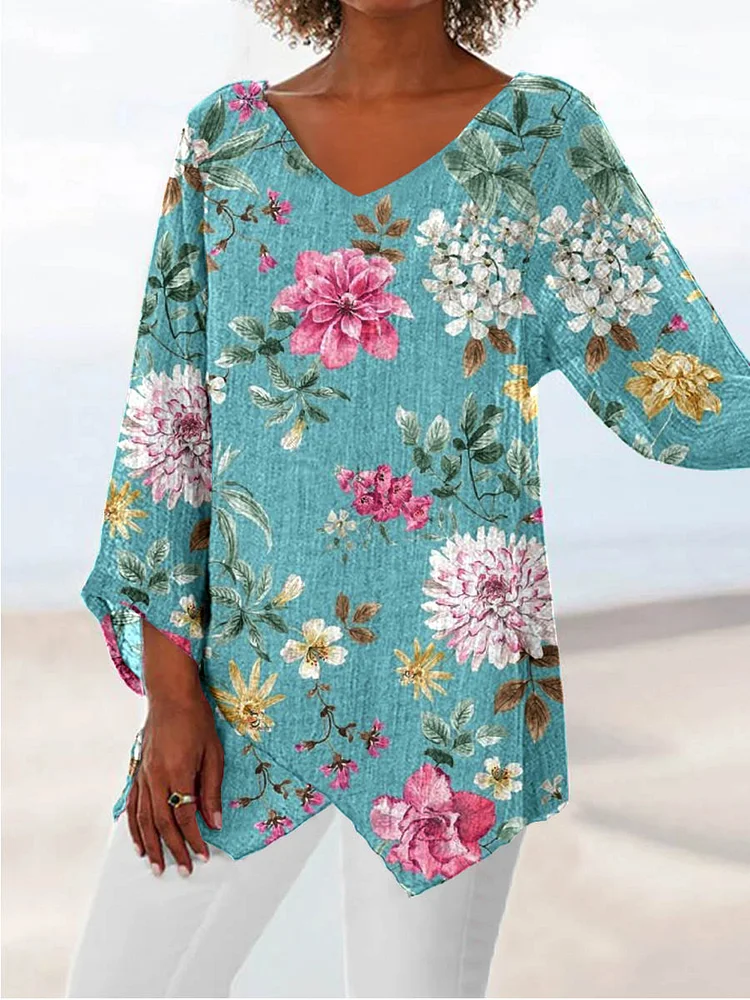 Womens Artistic Rose Floral Cotton And Linen V Collar Three Quarter Sleeves Top