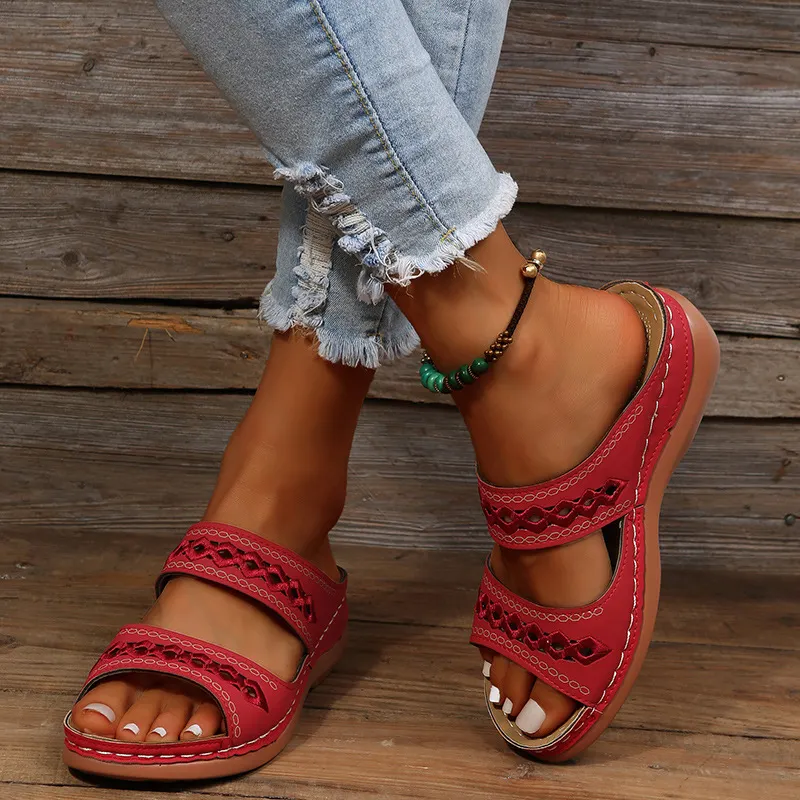 Breakj Breakj New Large-Size Slippers Retro Car Line Anti-Slip Round Slope And Comfortable Word Cool Slippers Woman