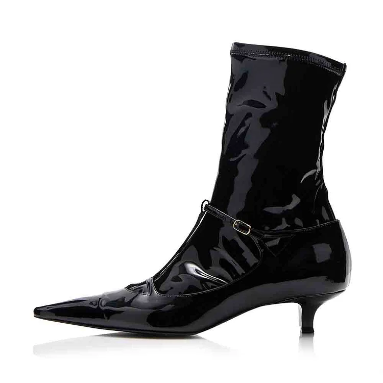 Black Pointed Toe Patent Leather Kitten Heel Buckle Mid-Calf Boots |FSJ Shoes