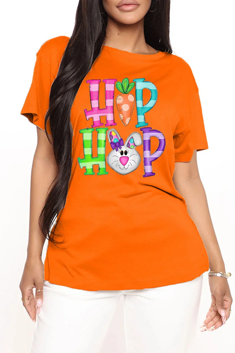 Orange Fashion Casual Print Basic O Neck T-Shirts | EGEMISS