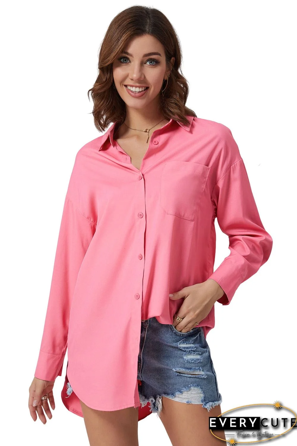 Pink Solid Color Long Sleeve Oversized Tunic Shirt