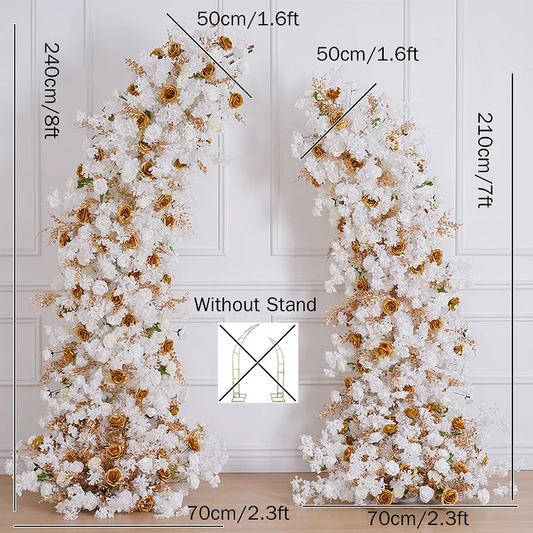 A8140 Wedding Horn Arch Decor White Cherry Blossom Gold Leaves Floral Arrangement