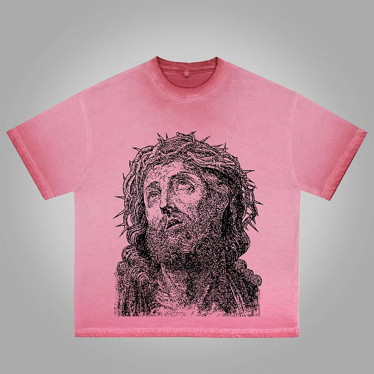 Vintage Jesus Portrait Graphic Print Washed Cotton T-Shirt
